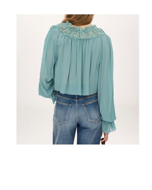 Chloé Blue Scoop-Neck Cropped Silk Blouse