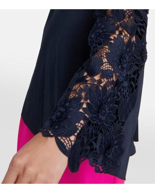 Oscar de la Renta Blue Lace-Detail Cotton Blouse