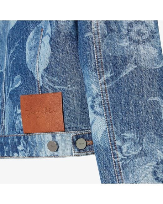 Fendi Blue Floral Printed Cropped Crewneck Denim Jacket
