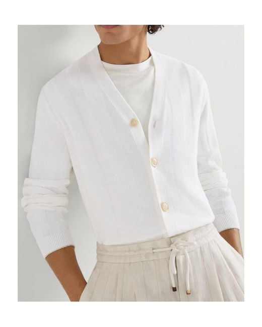 Brunello Cucinelli White Linen And Cotton Textured Rib Cardigan for men