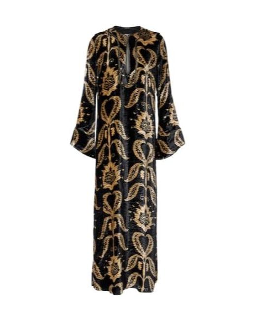 Johanna Ortiz Black Embroidered Velvet Maxi Dress