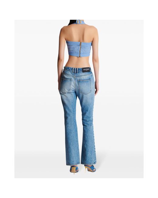 Balmain Blue Knit Halterneck Top With Pb Labyrinth Monogram