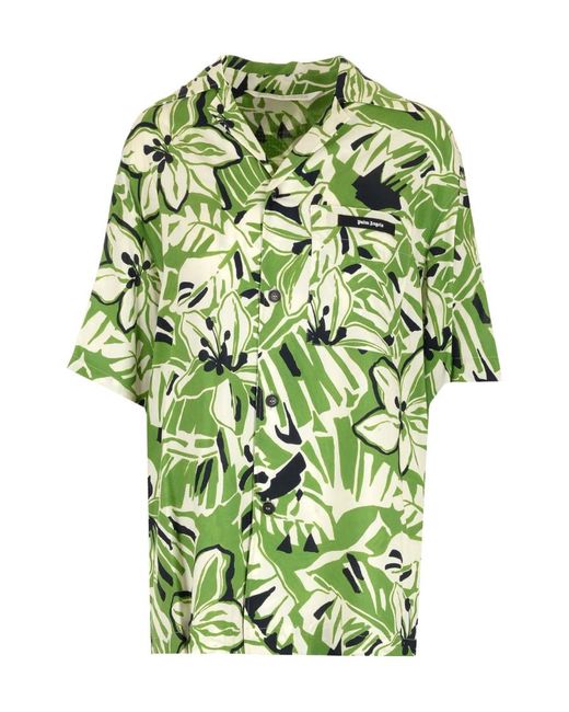 Palm Angels Green Hibiscus-Print Short-Sleeve Shirt for men