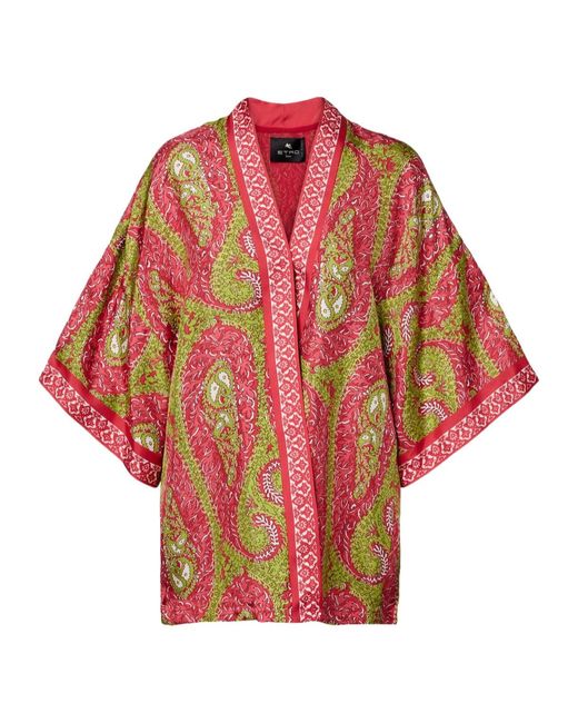 Etro Red Printed Silk Twill Wrap Coat