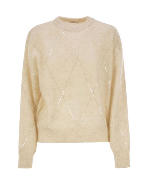 Brunello Cucinelli Natural Mohair, Wool, Cashmere And Silk Sweater With Dazzling Argyle Embroidery