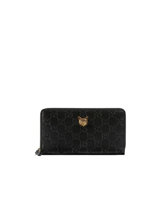 Gucci Black Cat Head Inlaid Zipper Wallet
