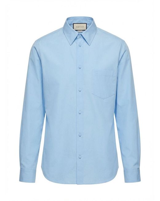 Gucci Blue Logo Embroidered Poplin Shirt for men