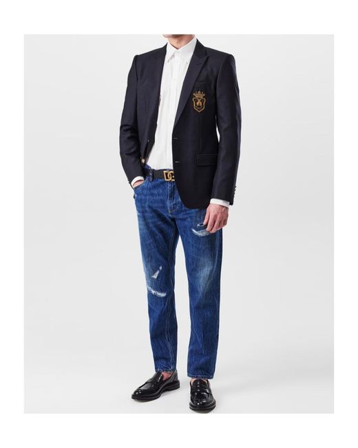 Dolce & Gabbana Blue Embossed Patches Single-Button Suit Jacket for men