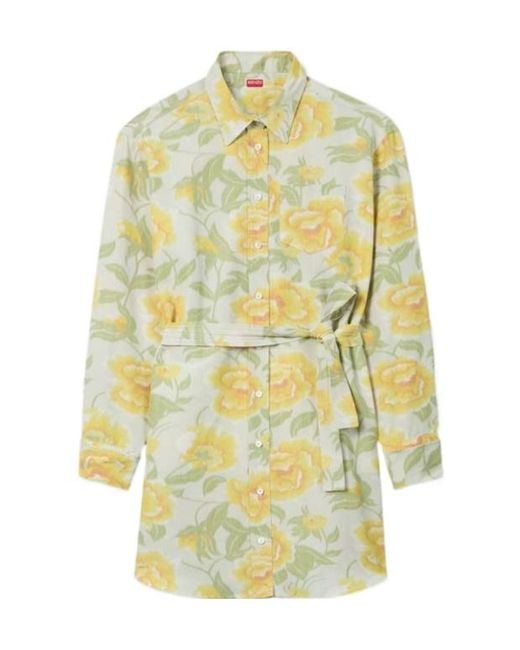 KENZO Yellow Peonies' Kimono Sleeved Shirt Dress
