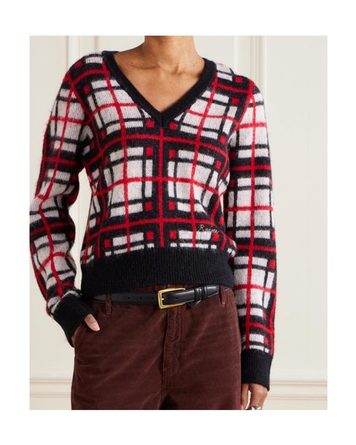 Re/done Embroidered Checked Jacquard-Knit Sweater