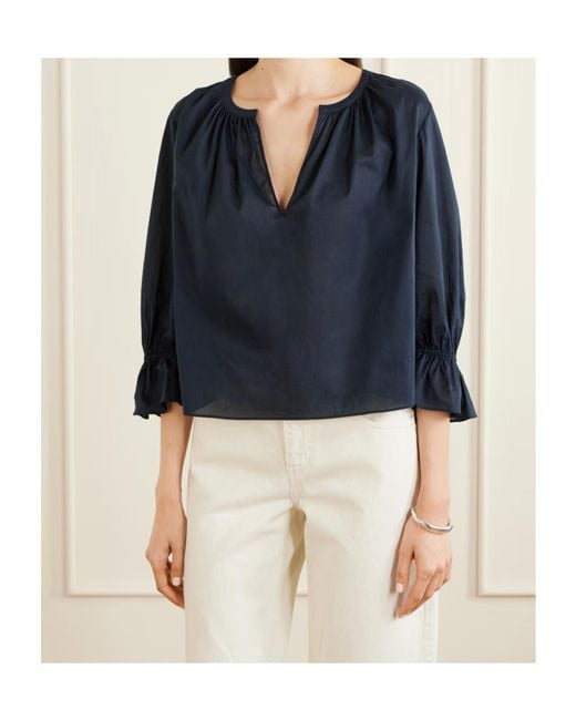 FRAME Blue The Poet Gathered Ruffled-Cuff Blouse
