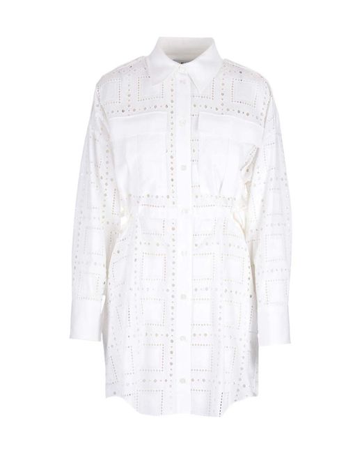 MSGM White Cut-Out Detailed Button-Up Shirt Dress