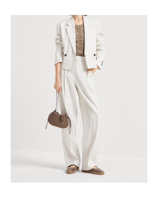 Brunello Cucinelli White Striped Straight-Leg Pants