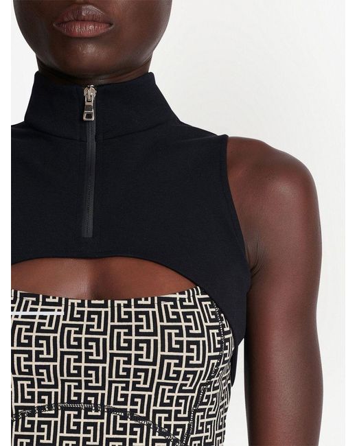 Balmain Black Monogram Printed Cut-Out Sports Tank Top