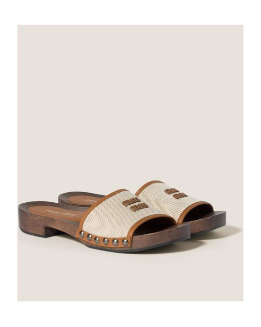 Miu Miu Brown Canvas And Leather Clogs