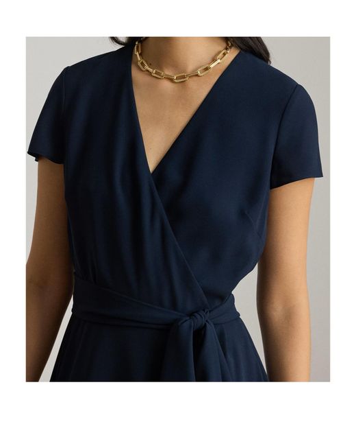 Ralph Lauren Blue Georgette Surplice V-Neck Short Sleeve Belted Midi Dress