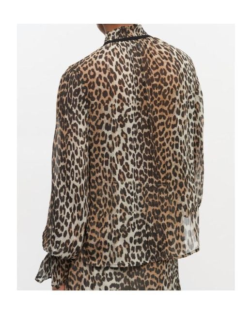 Ganni Gray Leopard Printed Chiffon Tie String Shirt