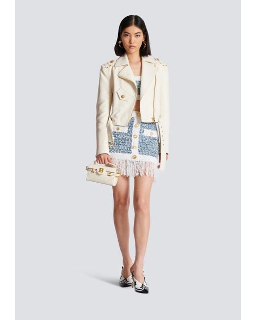 Balmain Blue Buttoned Denim Fringed Tweed Mini Skirt