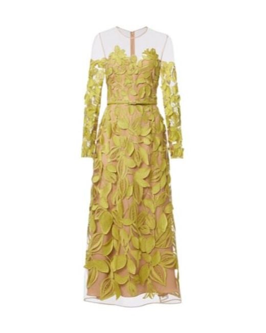 Elie Saab Yellow Embroidered Silk-Blend Midi Dress