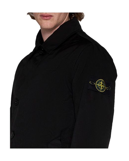 Stone Island Black Compass-Patch Long-Sleeved Button-Up Coat for men