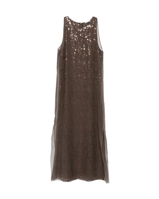 Brunello Cucinelli Brown Sequin-Embellished Sleeveless Midi Dress