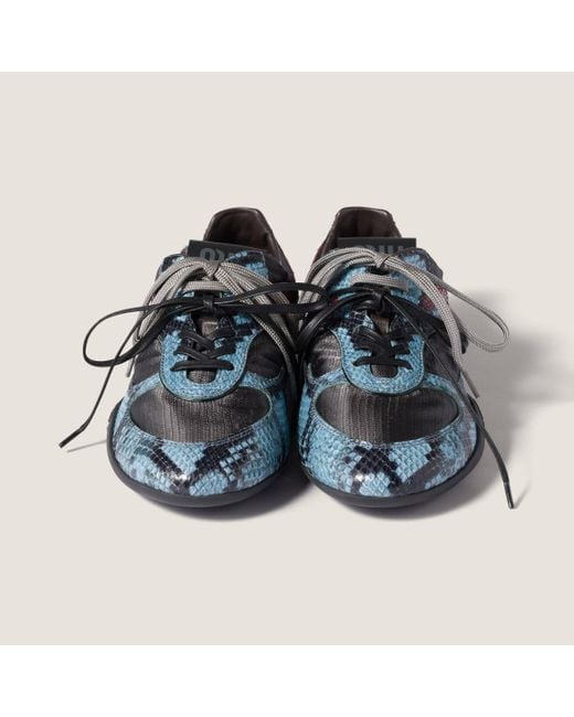 Miu Miu Blue Gymnasium Technical Fabric And Python-Print Ayers Leather Sneakers