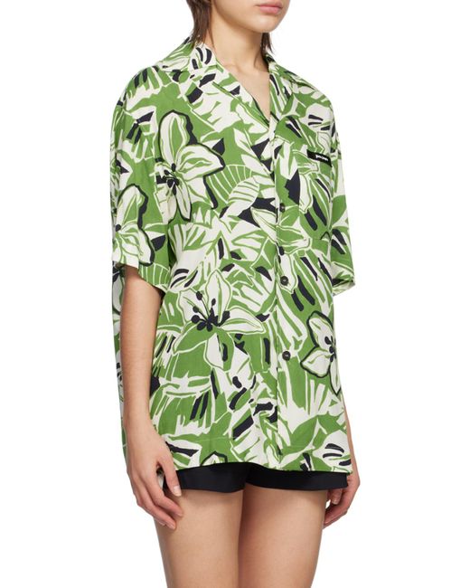 Palm Angels Green Hibiscus-Print Short-Sleeve Shirt for men