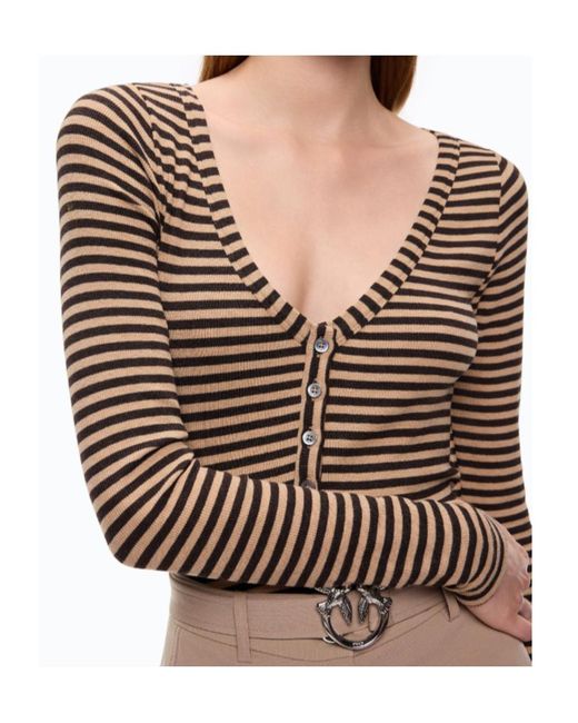 Pinko Brown Striped Ribbed-Knit T-Shirt