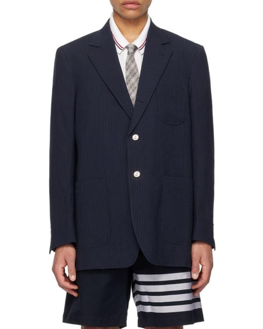 Thom Browne Blue Single Breasted Seersucker Blazer for men