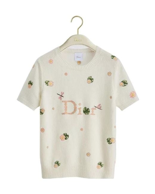 Dior White Short-Sleeved Embroidered Sweater