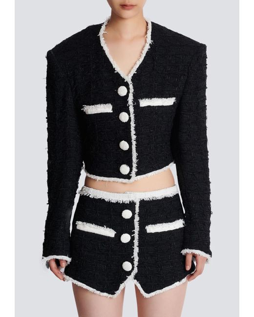 Balmain Blue Short Tweed Jacket With Contrasting Details