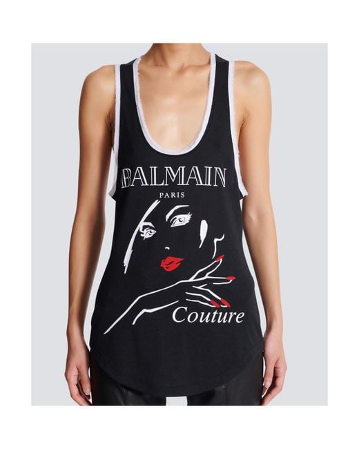 Balmain Black Flocked Relaxed Tank Top With Beauty Print