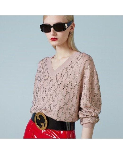 Gucci Natural Gg Embellished Fine Knit Jumper