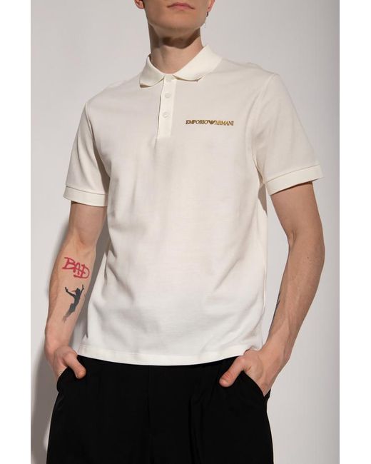Emporio Armani White Sketch-Logo Cotton Polo Shirt for men