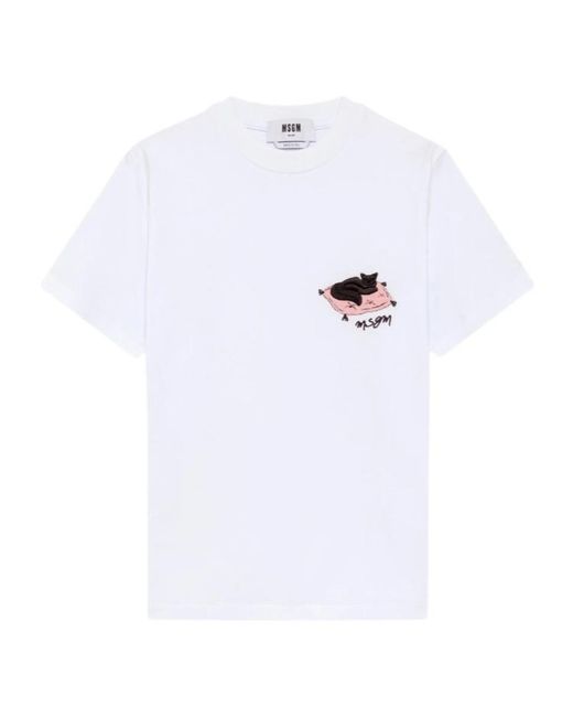 MSGM White Embroidered Cat T-Shirt