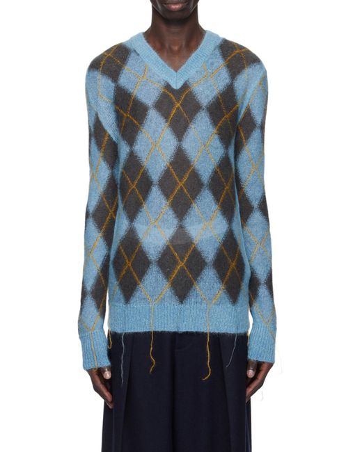 Marni Blue Geometric Patterned V-Neck Knitted Jumper for men
