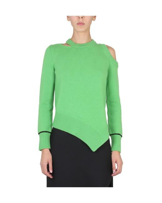 McQueen Green Asymmetric Hem Cut-Out Pullover