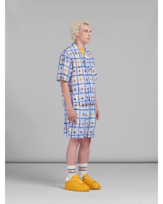 Marni Blue Light Habotai Silk Bowling Shirt With Saraband Print for men