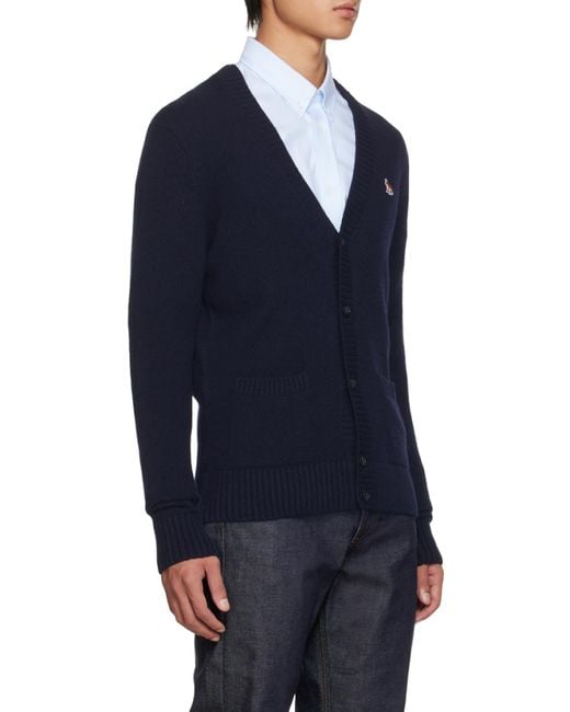Maison Kitsuné Blue Maison Kitsuné V-Neck Long-Sleeved Cardigan for men