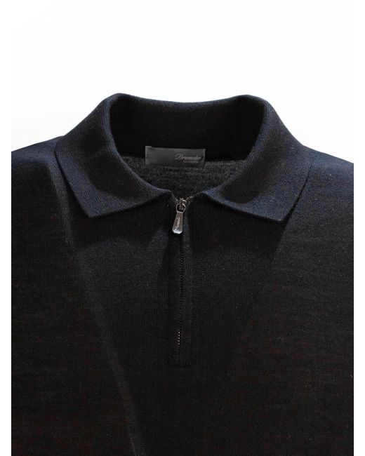 Drumohr Blue Zip-Collar Merino Polo Shirt for men