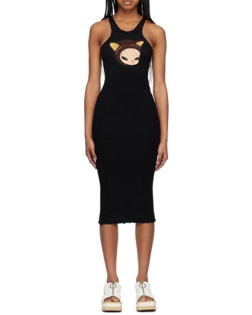 Stella McCartney Black Upset Kitty Crocheted Patch I-Back Medium Length Dress