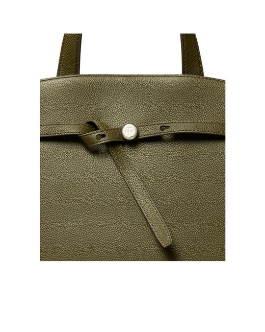 Tory Burch Green Logo-Plaque Leather Tote Bag