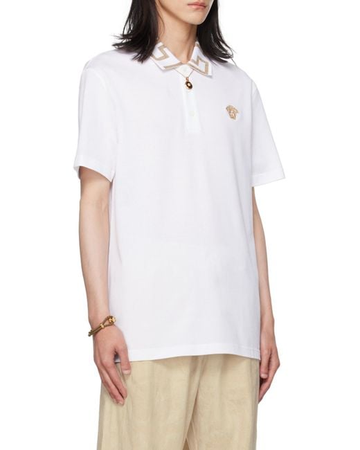Versace White Greca Short-Sleeved Straight Hem Polo Shirt for men