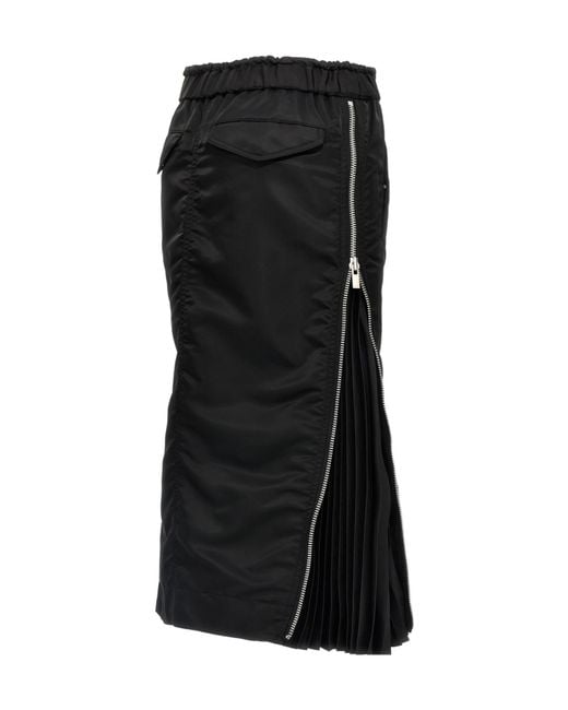 Sacai Black Pleated Drawstring Midi Skirt