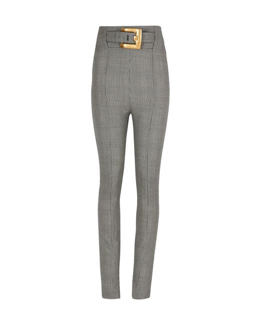 Balmain Gray Checked Belted High-Waist Pants