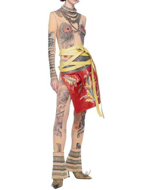 Jean Paul Gaultier Natural Tattoo-Print Flared Jersey Bodysuit