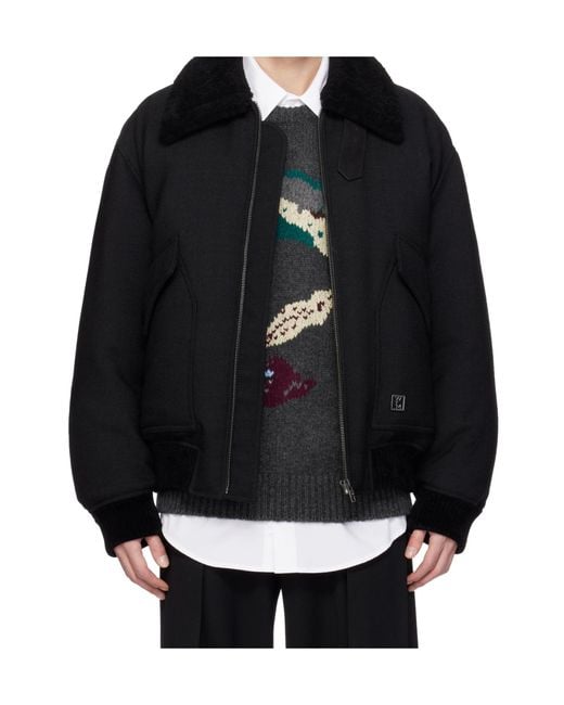 Wooyoungmi Black Faux Fur Collar Zip-Up Down Jacket for men