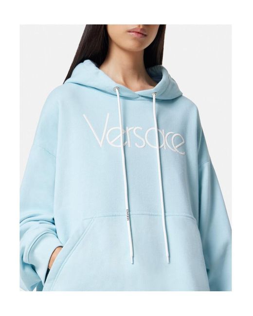 Versace Blue Logo-Embroidered Drawstring Hoodie