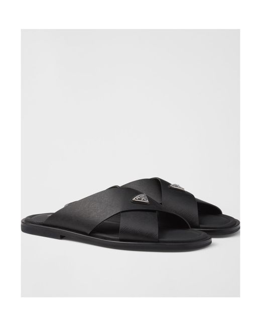 Prada Black Crisscross Saffiano Leather Sandals for men