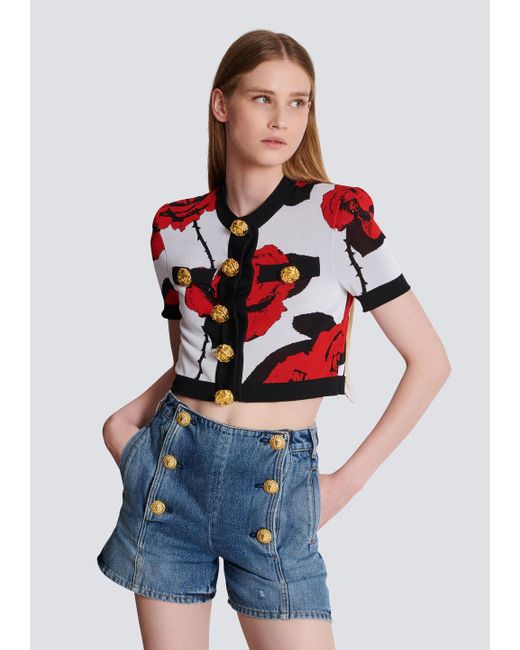 Balmain Red Roses Jacquard Knit Cardigan